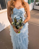 Elegant Blue Strapless Sweetheart Neck A-Line Tulle Long Prom Dress Bridesmaid Dress HZ1024