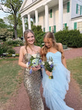 Elegant Blue Strapless Sweetheart Neck A-Line Tulle Long Prom Dress Bridesmaid Dress HZ1024