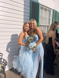 Elegant Blue Strapless Sweetheart Neck A-Line Tulle Long Prom Dress Bridesmaid Dress HZ1024