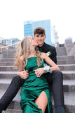 Chic Green Satin Strapless Slit Long Prom Dress Bridesmaid Dress HZ1024