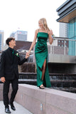 Chic Green Satin Strapless Slit Long Prom Dress Bridesmaid Dress HZ1024