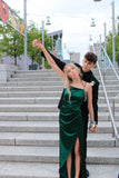 Chic Green Satin Strapless Slit Long Prom Dress Bridesmaid Dress HZ1024