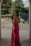 Strapless Simple V-neck Pink Satin Mermaid Slit Long Prom Dress Bridesmaid Dress HZ1024