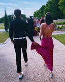 Strapless Simple V-neck Pink Satin Mermaid Slit Long Prom Dress Bridesmaid Dress HZ1024