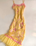 Vintage Yellow Halter Printed Chiffon Mermaid Prom Dress Evening Dress HZ1024
