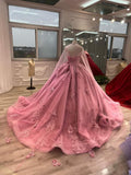 Sweet Princess Dress Pink Strapless Sweetheart Neck Lace Tulle With Train Prom Dress HZ1024