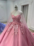 Sweet Princess Dress Pink Strapless Sweetheart Neck Lace Tulle With Train Prom Dress HZ1024