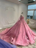 Sweet Princess Dress Pink Strapless Sweetheart Neck Lace Tulle With Train Prom Dress HZ1024