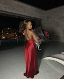 Sexy Burgundy Off-shoulder Backless Satin Long Prom Dress Evening Dress HZ1024
