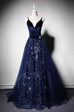 Elegant Navy Strap V Neck Velvet Tulle Formal Prom Dress Evening Gown HZ1024