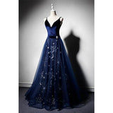 Elegant Navy Strap V Neck Velvet Tulle Formal Prom Dress Evening Gown HZ1024