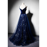 Elegant Navy Strap V Neck Velvet Tulle Formal Prom Dress Evening Gown HZ1024