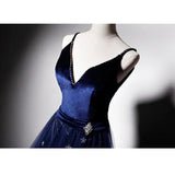 Elegant Navy Strap V Neck Velvet Tulle Formal Prom Dress Evening Gown HZ1024