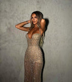 Sexy Champagne Low Cut Strap Sparkling Mermaid Prom Dress Evening Dress HZ1024