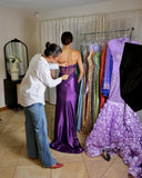 Charming Purple Off Shoulder Lace Silk Satin High Slit Mermaid Prom Dress Evening Dress HZ1024