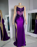 Charming Purple Off Shoulder Lace Silk Satin High Slit Mermaid Prom Dress Evening Dress HZ1024