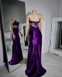Charming Purple Off Shoulder Lace Silk Satin High Slit Mermaid Prom Dress Evening Dress HZ1024
