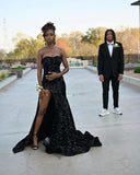 Sexy Black Off Shoulder Sweetheart Neck Sequin Slit Floor-Mounting Prom Dress Evening Dress HZ1024