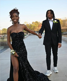 Sexy Black Off Shoulder Sweetheart Neck Sequin Slit Floor-Mounting Prom Dress Evening Dress HZ1024