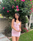 Sweet Pink Lace Halter Bodycon Backless Mini Party Dress Homecoming Dress HZ1024