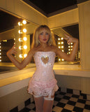 Sweet Pink Off-the-shoulder Sequined Chest Cutout Lace Trim Mini Party Dress Homecoming Dress HZ1024