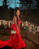 Sexy low-cut wine red halter neck mermaid bow train prom dress evening dress HZ1024