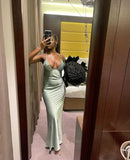 Sexy Green Satin Low Cut Halter Neck Mermaid Prom Dress Evening Dress HZ1024