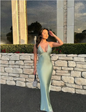 Sexy Green Satin Low Cut Halter Neck Mermaid Prom Dress Evening Dress HZ1024