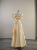 Sweet light yellow satin A-line long prom dress evening dress HZ1024