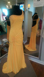 Vintage Yellow Sequined One Shoulder Backless Long Prom Dress Evening Dress HZ1024