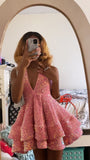 Sweet Pink Deep V Neck A-Line Sequin Mini Birthday Party Dress Homecoming Dress HZ1024
