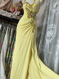 Vintage Yellow Halter Neck Sequined Backless Mermaid Prom Dress Evening Dress HZ1024