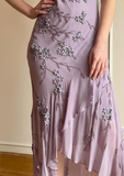 Vintage Purple Strapless Beaded Backless Chiffon Prom Dress Evening Dress HZ1024