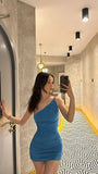 Elegant One Shoulder Sleeveless Bodycon Mini Blue Party Dress Homecoming Dress HZ1024