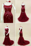 Vintage Burgundy Strap Satin Beaded Tulle Long Prom Dress Evening Dress HZ1024