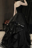 Elegant Black Off Shoulder A-Line Tulle Long Formal Prom Dress Evening Gown HZ1024