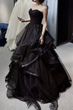 Elegant Black Off Shoulder A-Line Tulle Long Formal Prom Dress Evening Gown HZ1024
