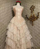 Vintage Pink Strapless Sequined Lace Trim Sweetheart Neck A-Line Prom Dress Evening Dress HZ1024