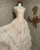 Vintage Pink Strapless Sequined Lace Trim Sweetheart Neck A-Line Prom Dress Evening Dress HZ1024