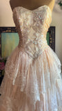 Vintage Pink Strapless Sequined Lace Trim Sweetheart Neck A-Line Prom Dress Evening Dress HZ1024