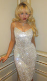 Shiny Silver Strapless V-Neck Sequin Knee-Length Prom Dress Evening Dress HZ1024