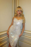 Shiny Silver Strapless V-Neck Sequin Knee-Length Prom Dress Evening Dress HZ1024