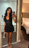 Sexy Black Halter Off Shoulder Mesh Mini Party Dress Homecoming Dress HZ1024
