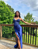 Simple navy blue sling side slit satin long mermaid prom dress evening dress HZ1024