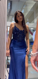 Simple navy blue sling side slit satin long mermaid prom dress evening dress HZ1024