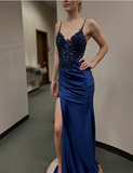 Simple navy blue sling side slit satin long mermaid prom dress evening dress HZ1024