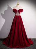 Elegant Burgundy Off-the-shoulder Sequin Beaded A-line Prom Dress Evening Dress HZ1024