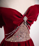 Elegant Burgundy Off-the-shoulder Sequin Beaded A-line Prom Dress Evening Dress HZ1024