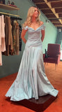 Elegant Blue Off Shoulder A-Line Long Prom Dress Evening Dress HZ1024