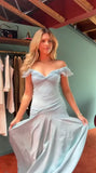 Elegant Blue Off Shoulder A-Line Long Prom Dress Evening Dress HZ1024